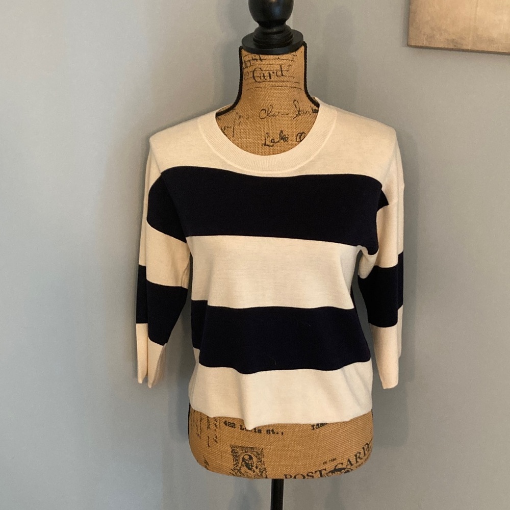 J Brand Merino Wool Navy Cream Stripes Crop Sweater Women Size Small